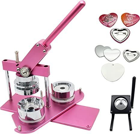 ChiButtons (KIT) Heart 53x57.5mm Pro Badge Machine Button Maker-B400 + Mould + 100 Parts + Black Stand Cutter Metric System (Pink) Badge Maker, Button Maker, Metric System, Stationary School, Diy Buttons, 14th Birthday, Heart Button, Custom Buttons, How To Make Buttons