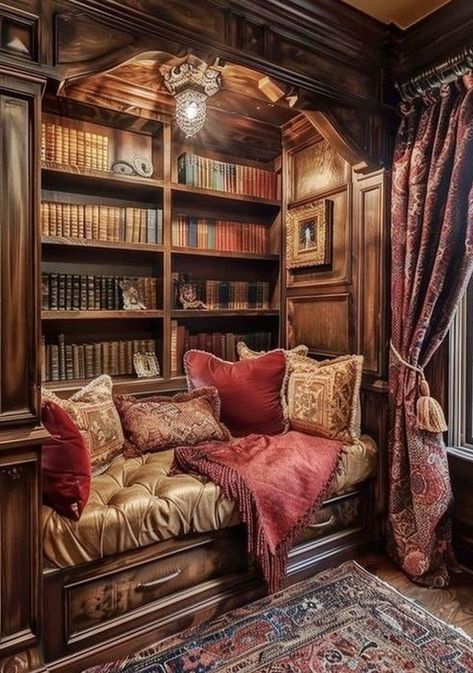 Houses and gardens Dark Academia Interior, Reading Spaces, Cozy Home Library, Reading Nook Ideas, Attic Makeover, Home Library Rooms, Nook Ideas, Library Room, Home Library Design