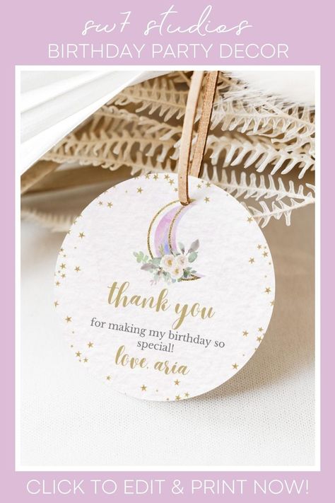 Editable and printable boho moon theme favor tag for children's birthday parties by SW7 Studios. Slumber Party Decorations, Boho Style Party, Thank You Tag Printable, Free To Edit, Boho Moon, Thank You Labels, Girl Birthday Decorations, Favor Labels, Birthday Thank You