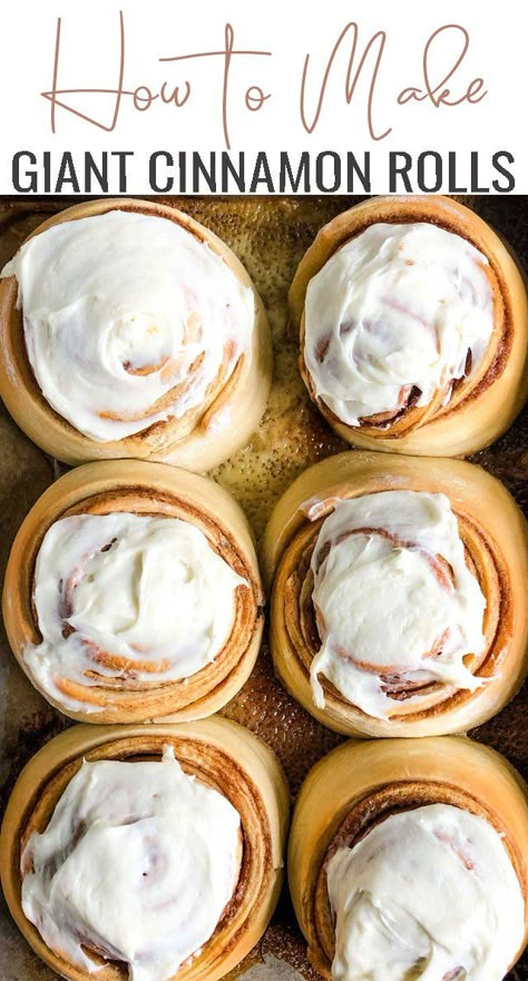 Our best homemade cinnamon rolls....made extra large! Learn how to make gooey GIANT cinnamon rolls with a cream cheese frosting. #cinnamonrolls #cinnamon #sweetrolls #cinnabon Jumbo Cinnamon Rolls Homemade, Giant Cinnamon Roll Recipe, Cinnabon Copycat, Roll Desserts, Yummy Pastries, Giant Cinnamon Rolls, Best Homemade Cinnamon Rolls, Best Cinnamon Roll Recipe, Cinnabon Cinnamon Rolls