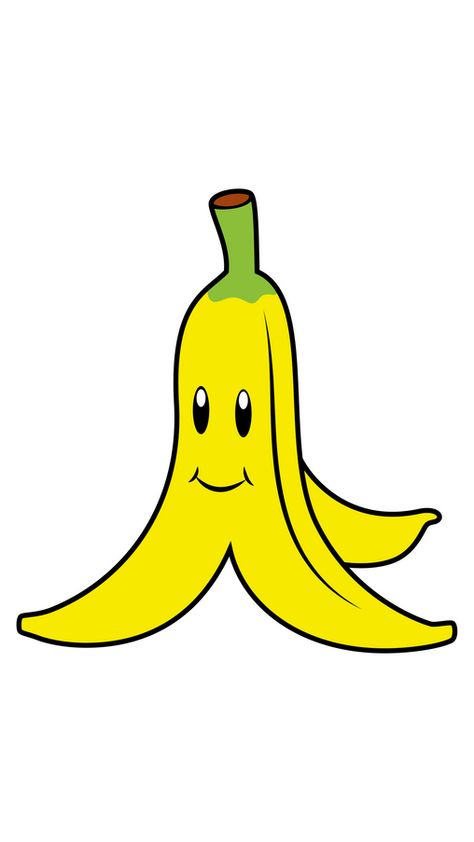 What a cute smiling banana peel! Interestingly, that in the Super Mario franchise, delicious bananas are a common tropical fruit, which used as food and yellow banana peels are an offensive weapon... Super Mario Banana Peel, Mario Banana Peel, Mario Banana, Tufting Designs, Banana Character, Spongebob Stickers, Banana Drawing, Banana Phone, Cartoon Banana