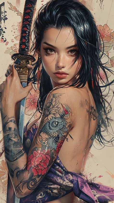 Female Samurai Art, Japanese Art Samurai, Si Fi, Arte Pin Up, Female Samurai, Samurai Artwork, Geisha Art, Desenho Tattoo, Samurai Art