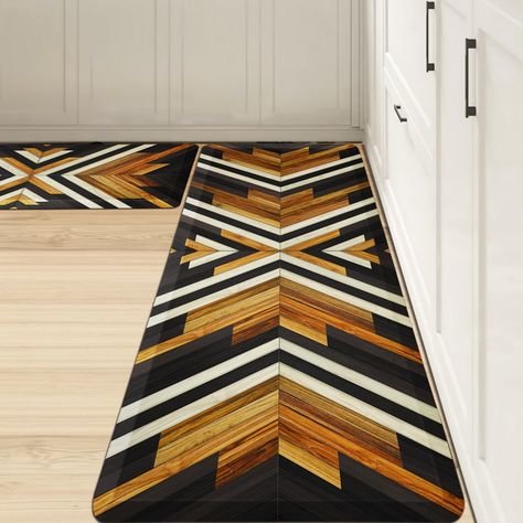 PRICES MAY VARY. Anti-Fatigue Mats for Floor Set of 2: Classic eye-catching Aztec pattern design anti-fatigue kitchen floor mats set contains 2 rectangular mats (17 x 28 inches and 17 x 47 inches). The universal size makes it suitable for most kitchen areas no matter what size the space is. This bohemian kitchen rug features a captivating fusion of Native American Aztec tribal motifs and retro design elements, creating a unique aesthetic, and adding a distinctive and charming touch to any domest Aztec Kitchen Ideas, Southwest Rugs Kitchen, Vinyl Rugs Kitchen, Western Kitchen Rugs, Modern Bohemian Kitchen Mats, Kitchen Rugs Farmhouse, Farmhouse Kitchen Rugs, Aztec Pattern Design, Bohemian Style Kitchen