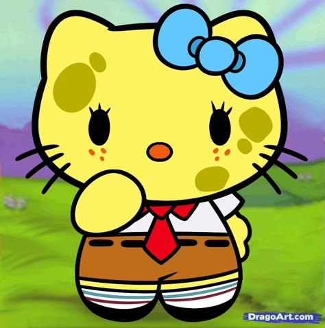 Spongebob Hello Kitty Spongebob Characters Drawings, Hello Kitty Step By Step, How To Draw Spongebob, Draw Spongebob, Spongebob Drawings, Images Hello Kitty, Hello Kitty Tattoos, Charmmy Kitty, Hello Kitty Imagenes