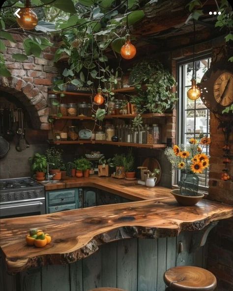 Fairy House Kitchen, Forest Home Design, Small Witchy Kitchen, Hobbitcore Kitchen, Hobbit Kitchen Aesthetic, Fairytale Cottage Kitchen, Dark Cottage Core House, Rainforest Kitchen, Rustic Stone Kitchen