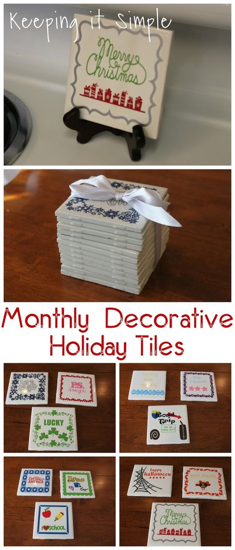 4x4 Monthly Decorative Holiday Tiles- perfect for a gift. Ceramic Tile Crafts, Christmas Crafts To Sell, Simple Crafts, Tile Crafts, Easy Christmas Gifts, Diy Holiday Gifts, Keeping It Simple, Navidad Diy, Tile Projects