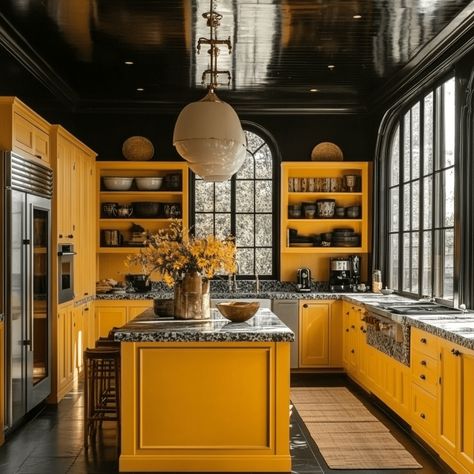 30 Must-See Yellow Kitchen Decor Ideas for a Sunny Space Yellow Themed Kitchen, Yellow Cabinets Kitchen, Black Yellow Kitchen, Black And Yellow Kitchen, Mustard Yellow Kitchens, Yellow Kitchen Cabinets, Yellow Dishes, Aqua Kitchen, Gothic Kitchen