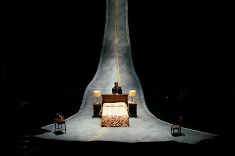 . Dark Set Design, Bed On Stage, Stage Design Theatre, Theatre Stage Design, Theater Stage Design, Scenic Design Theatres, Theatre Inspiration, Stage Ideas, Set Design Theatre