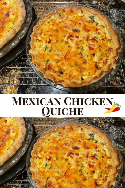 This Mexican chicken quiche is the quintessential comfort food! Shredded chicken, onions, tomatoes, poblano peppers, jalapeno peppers, chili-lime seasoning, pepper jack cheese plus sharp cheddar, all baked into a flaky, buttery crust. Awesomely delicious and perfect for weekend guests or mid-week dinners! We LOVE quiche so much & this is our new favorite! 
#quiche #quicherecipes #homemadequiche #mexicanquiche #mexicanchicken #mexicanchickenquiche #quicherecipes  #homemadequiche #flakycrust Chicken Enchilada Quiche, Tex Mex Quiche, Quiche Recipes Chicken, Chicken Quiche Recipes Easy, Poblano Quiche, Mexican Quiche Recipes, Chicken Quiche Recipes, Quiche Chicken, Mexican Quiche