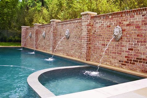 Brick Wall Gardens, Wood Fence Design, Ranch House Exterior, Red Brick Wall, Side Yards, Pool Water Features, Brick Fence, Brick Garden, Water Spout