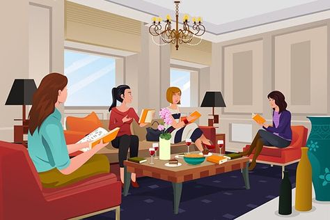 Cartoon of women discussing a book around a table with snacks and drinks Motivation Theory, Book Club Meeting, Reading Help, Book Discussion, Speed Reading, Books For Moms, Book Study, Character Poses, Reading Material