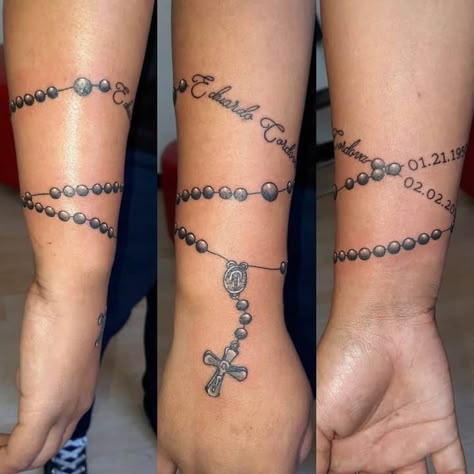 Rosary Tattoo With Names, Chain Tattoos For Women, Rosery Beads Tattoo, Rosary Tattoo For Women Arm, Rosary Tattoo Wrist, Rosary Tattoo On Hand, Memorial Tattoos Mom, Names Tattoo, Bracelet Tattoos