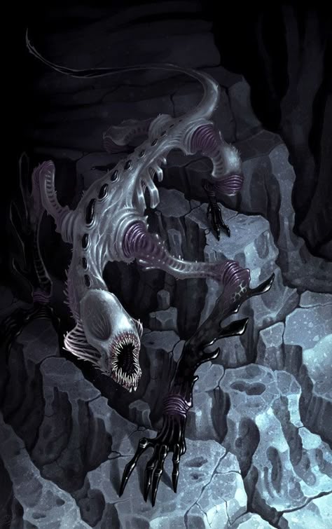 Leviathan Creature Design, Abyssal Creatures Art, Underdark Creatures, Underdark Art, Worldbuilding Creatures, Underwater Monsters Art, Sea Horror, Reptilian Monster Art, Underwater Monster