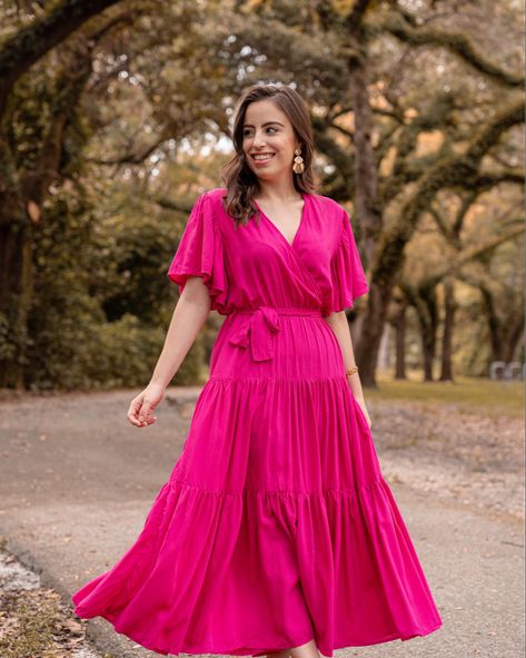 Pink midi dress, wedding guest outfit Pink Long Dress Outfit, Pink V-neck Midi Dress For Spring, Pink Midi Dress Outfit, Indian Midi Dress, Pink Dress Styling, Summer Midi Dress Outfit, Pink Floor-length Summer Midi Dress, Pink Casual V-neck Midi Dress, Chic Pink V-neck Summer Dress