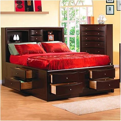 Thaweesuk Shop New 1 Piece Cappuccino Brown Style Traditional Queen Size Bookcase Footboard Storage Captain Bed Bedroom Bedding Comfort Furniture Hardwood Solid Wood 93" L x 63" W x 56" H High Bookshelf, Bed With Drawers Underneath, Bed With Underbed, Bookshelf Headboard, Storage Bed Queen, Bed Frame With Drawers, Eastern King Bed, King Storage Bed, Bookcase Bed