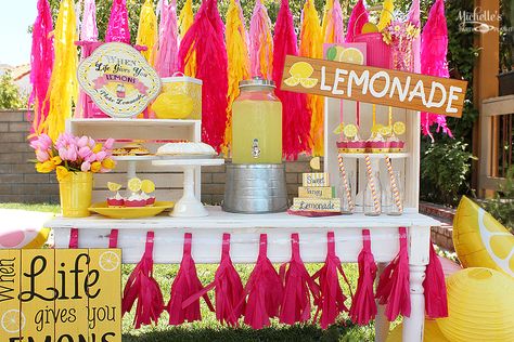 Yellow & Pink Lemonade Themed Party Idea Lemonade Stand Birthday Party, Summer Birthday Party Decorations, Summer Birthday Themes, Lemonade Stand Birthday, Summer Party Ideas, Pink Lemonade Party, Watermelon Birthday Parties, Summer Party Themes, Lemonade Party