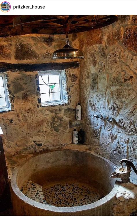 Castle Style Bathroom, Rustic Bath, Outdoor Bathroom Design, Stone Shower, Stone Interior, Rustic Bathroom Designs, Stone Bath, Rustic Home Design, Rustic Bathrooms