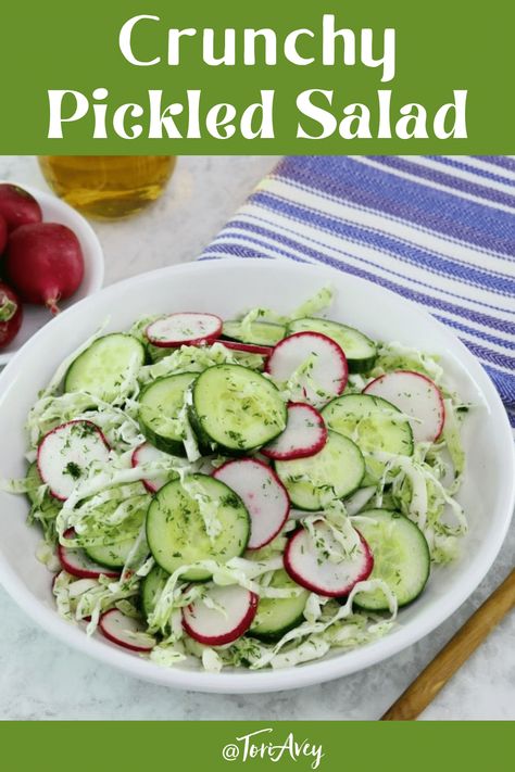 Crunchy Pickled Salad - A delightful pickle-flavored salad with cucumbers, cabbage, radish and fresh dill. Cold, crunchy, refreshing, and easy to make ahead. | ToriAvey.com #salad #pickledsalad #pickles #radishes #cucumbers #cabbage #dill #TorisKitchen Pickles Radishes, Pickled Salad, Cucumber Varieties, Make Ahead Salads, Pickled Radishes, Radish Salad, Refreshing Salad, Passover Recipes, Market Garden