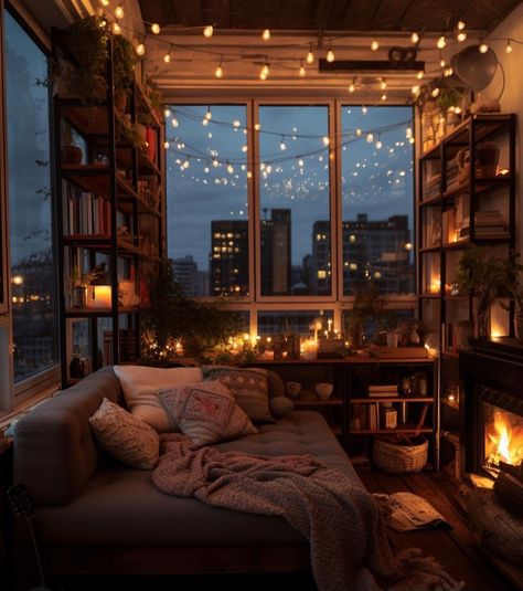 Dim Light Living Room, Cozy Loft Space, Snug Aesthetic, Comfy Home Aesthetic, Cottage Living Rooms Cozy, Fairy Lights Living Room, Small Cozy Room, Warm Room Aesthetic, Cosy Home Interior