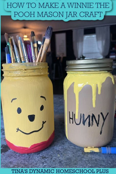 10 Creative Mason Jar Crafts | How to Make a Winnie the Pooh Craft. Jars are useful for so many things, not the least of which is mason jar crafts. I love turning them into functional storage. Or make it with an artful twist, a cute little lantern, or using them for science activities. Winnie the Pooh is a classic beloved children’s series that still maintains its popularity. Are you a fan of the more vintage, muted book? Birthday Mason Jar Ideas, Things To Do With Small Jars, Craft With Jars, Paint Jar Ideas, Mason Jar Crafts Diy Homemade Gifts, Cute Mason Jar Painting Ideas, Mason Jar Diy Decor, Painting Jars Ideas, Winnie The Pooh Crafts