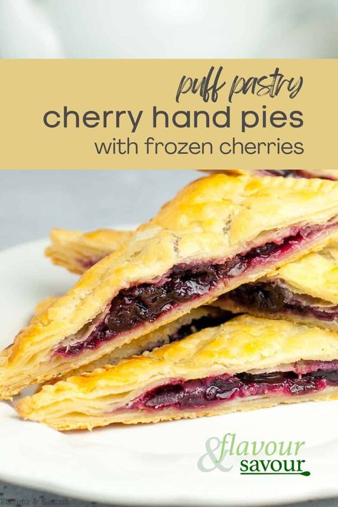 These rustic cherry hand pies are easy to make with fresh or frozen cherries and puff pastry. Buttery, flaky pastry pies filled with sweet cherry filling make a memorable dessert or hand-held snack! Cherry Hand Pies Recipes, Cherry Pie Bites, Cherry Turnovers, Mini Cherry Pies, Cherry Hand Pies, Sweet Cherry Pie, Cherry Crisp, Gluten Free Puff Pastry, Gluten Free Pastry