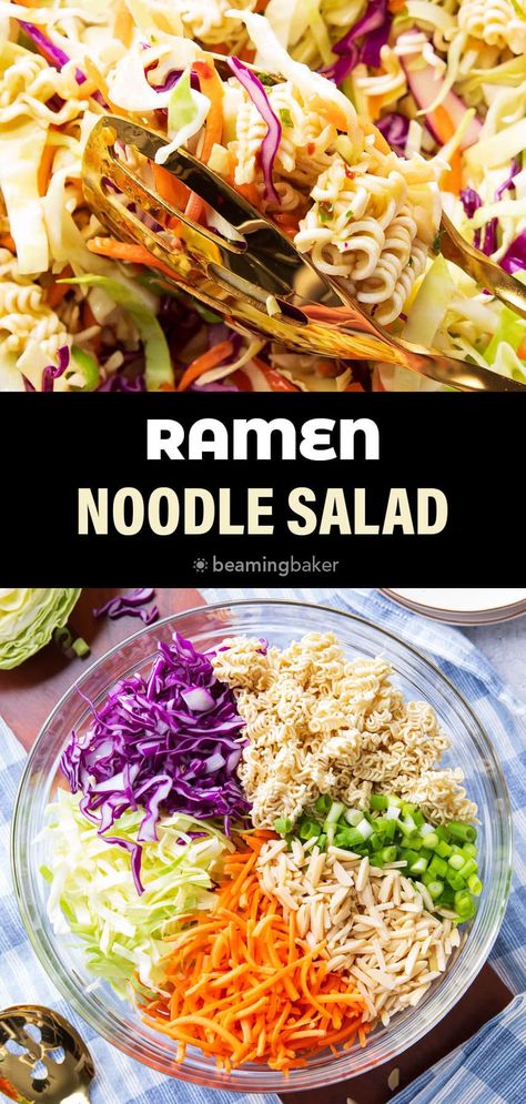 Ramen Noodle Salad: crispy, crunchy ramen atop fresh red and green cabbage, green onions, sweet carrots, and almonds coated in delicious ramen noodle dressing! | Recipe at BeamingBaker.com Salad Dinner Recipes, Crunchy Salad Recipes, Asian Ramen Noodle Salad, Asian Ramen Salad, Ramen Salad, Ramen Noodle Salad, Salad Dinner, Noodle Salad Recipes, Ramen Noodle Recipes