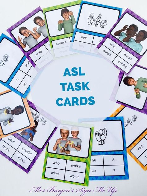 ASL task cards Sign Language Games, Sign Language Colors, Sign Language Songs, Special Education Centers, Language Games, Kat Diy, Sign Language Phrases, Deaf Education, Asl Sign Language