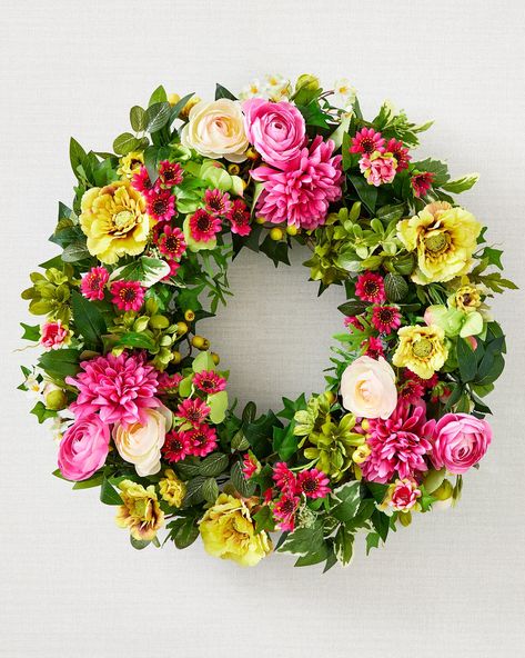 Outdoor Vivid Blooms Artificial Spring Foliage | Balsam Hill Outside Door Decor, Coral Wreath, Wreath Storage, Bodhi Leaf, Front Door Wreaths, Peonies Wreath, Hydrangea Wreath, Spring Wreaths, Rose Wreath