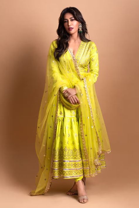 Lime Yellow Tussar Silk Geometric Pattern Tiered Anarkali Set with Gota Work Tiered Anarkali, Gopi Vaid, Yellow Anarkali, Sheer Dupatta, Haldi Dress, Haldi Outfit, Lime Yellow, Gota Work, Indian Wedding Photos