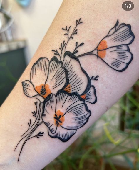 Tattoo Size Reference, Delicate Traditional Tattoo, Symmetrical Elbow Tattoo, Black Pansy Tattoo, Illustrative Botanical Tattoo, Small Flower Tattoo Wrist, Impatiens Tattoo, Mix Of Color And Black Tattoos, Vintage Color Tattoo