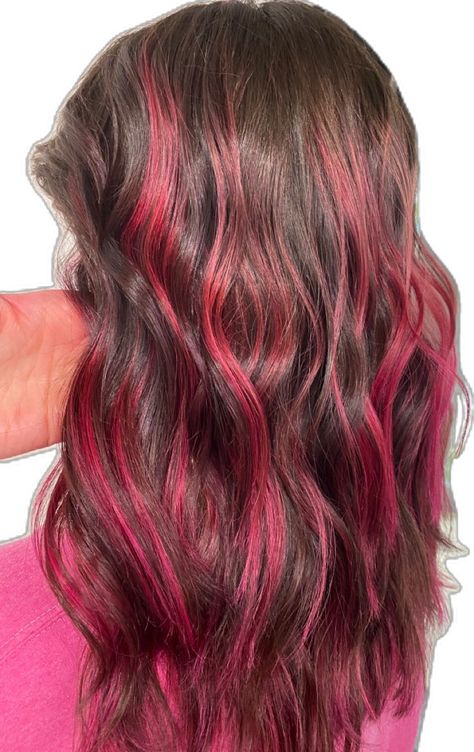 #pinkhair #pinkstreaks Pink Highlights On Brown Hair, Pink Hair Brown Hair, Reddish Pink Hair, Pink And Lavender Hair, Dye Pink Hair, Brown To Pink Balayage, Magenta Red Hair, Hair Dye Pink, Brown Hair With Pink Highlights