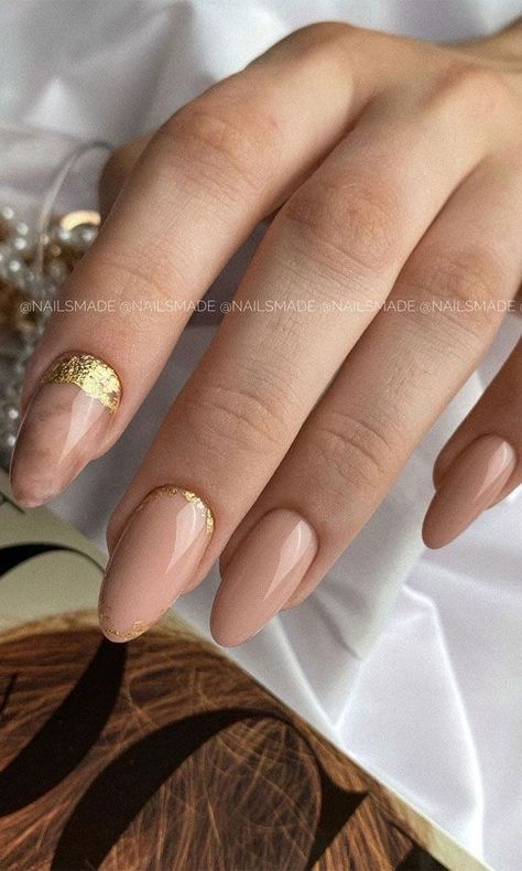 9. Nude nails with gold foil There is no limit to wear nude nail in fall season. We have a pretty mismatched nude nail... Nude Nails With Gold Foil, Nude Beige Nails, Nude Nails With Gold, Trendy Fall Nail Designs, Foil Nail Designs, Beige Nails Design, Gold Accent Nail, Fall Nail Design, Nail Salon Interior