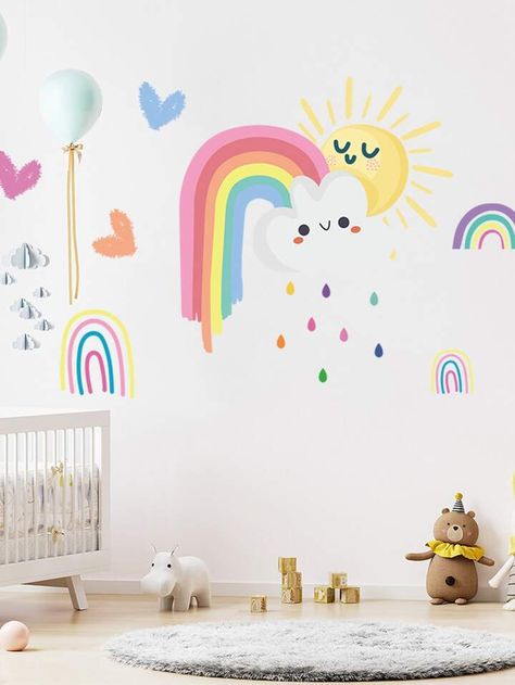 Wallpaintings Ideas, Rainbow Wall Mural, Rainbow Mural, Kids Room Wall Stickers, Cloud Pattern, Wall Decor Decals, Kids Interior Room, Cartoon Wall, Girl Bedroom Designs