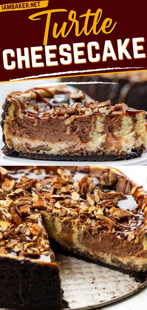 Chocolate Pecan Cheesecake, Chocolate Turtle Cheesecake Recipe, Fall Cheesecakes, Chocolate Turtle Cheesecake, Hot Fudge Cheesecake, Turtle Cheesecake Bars, Turtle Cheesecake Recipe, Best Dessert Recipes Ever, Turtle Dessert