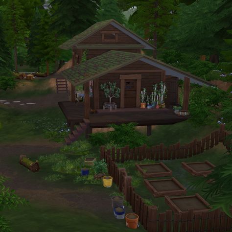 Forager's Cabin · Sims 4 Custom Lots Cabin Sims 4, Edge Of The Forest, Forest Cabin, Fire Pit Area, Outdoor Food, Small Cabin, The Cabin, Firepit, Large Storage