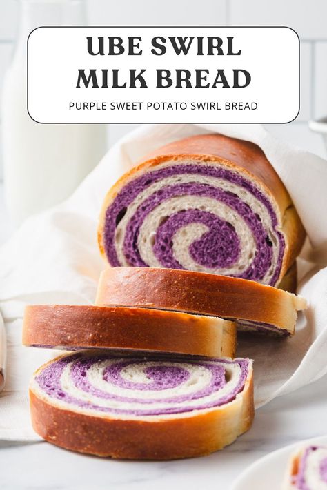 Perfect for breakfast or brunch, this Ube Swirl Milk Bread will leave your stomach and baking goals satisfied. Super light and fluffy, this bread is a delicious aesthetic companion to your next bite that's easy and fail proof. #UbeRecipes #UbeBread #BreakfastRecipes #Swirlbread #nofailbread Ube Bread, Purple Bread, Bread Aesthetic, Sweet Potato Powder, Ube Recipes, Milk Bread Recipe, Swirl Bread, Purple Sweet Potato, Purple Yam