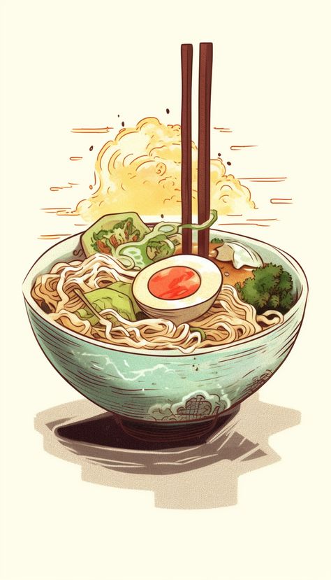 Noodle Art, Cooking Icon, Japanese Food Illustration, Japan Graphic Design, Food Sketch, Food Artwork, Food Illustration Art, Food Painting, Food Wallpaper