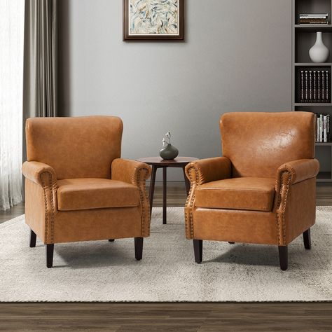 Levi Transitional Leather Armchair with Nailhead Trim Rolled Arms Set of 2 by HULALA HOME - On Sale - Bed Bath & Beyond - 36298019 Accent Chair Set, Traditional Sofa, Printed Chair, Leather Accent Chair, Arm Chairs Living Room, Leather Armchair, Living Room Seating, Nailhead Trim, Leather Upholstery