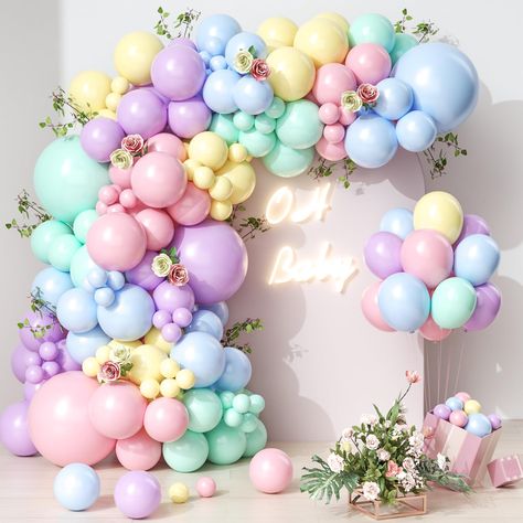 Pastel Balloon Garland, Pastel Balloons Decoration, Pastel Balloon Arch, Pastel Colors Balloon Decorations, Pastel Baby Shower Ideas, Pastel Rainbow Balloon Arch, Pink Blue And Purple Balloon Arch, Pastel Pink And Blue Balloon Garland, Pastel Rainbow Balloon Arch Table