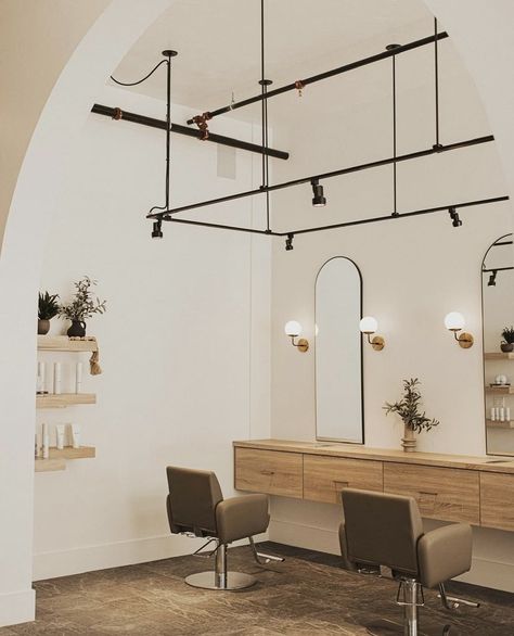 Nordic Salon Design, Minimalist Beauty Salon Decor, Color Mixing Area Salon, Scandinavian Hair Salon, Boho Modern Salon, Modern Organic Salon, Scandinavian Salon Design, Japandi Hair Salon, Modern Farmhouse Hair Salon