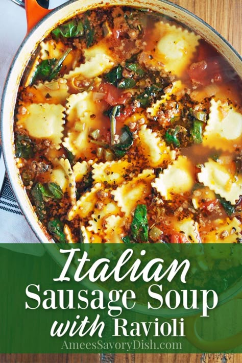 A hearty and delicious recipe for Italian Sausage Soup made with Italian sausage, fresh ravioli pasta, vegetables, and seasonings. I always have requests for this recipe when I serve it! Sausage And Ravioli Soup, Italian Ravioli Soup, Italian Sausage Ravioli Soup, Italian Sausage And Ravioli Recipes, Best Italian Soup Recipes, Sausage Ravioli Soup, Soup With Ravioli, Sausage Ravioli Recipe, Ravioli Soup Recipe