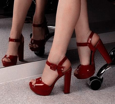 Black Dress Red Heels Prom, Red High Heels Aesthetic, Red Heels Aesthetic, Chunky Red Heels, Platform Heels Aesthetic, Red Heels Prom, Black Dress Red Heels, Red Sparkly Heels, Red Prom Shoes