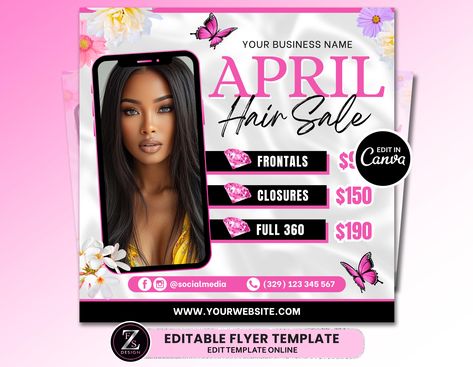 DIY April Perücke Sale Flyer, Spring Beauty Hair Canva Flyer Vorlage für Unternehmen zu einem erschwinglichen Preis. --⭐ DIESER ANGEBOT BEINHALTET ⭐ - ❣️ 1 Social-Media-Flyer-Vorlagen - Sie können den Text und die Fotos bearbeiten ❣️ 1080 x 1080 px ❣️ 1 .PDF-Datei mit einem Link zum Bearbeiten dieses Flyers in Canva --⭐ WIE FUNKTIONIERT ES? ⭐-- 1. Kaufe diesen Artikel. 2. Nach dem Kauf erhalten Sie eine E-Mail von Etsy mit Ihrem .PDF-Download, den Sie auch von Etsy im Abschnitt "Käufe & Bewertungen" herunterladen können. 3. In dieser .PDF befindet sich ein Link für den Zugriff auf Ihre bearbeitbaren Canva-Vorlagen. 4. Speichern Sie eine Kopie Ihrer Vorlage. (DIES IST WICHTIG! damit du deine Änderungen nicht verlierst) 5. Fotos, Schriftarten und Text bearbeiten 6. Laden Sie Ihre Dateien her Wig Sale, Canva Flyer, Sale Flyer, Spring Beauty, Hair Sale, Change Text, Business Person, Business Names, Text Color