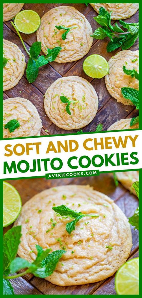 Give this unique dessert idea a try! No one can turn down these soft and chewy Mojito Cookies. What's not to love about a sweet treat that tastes like a cocktail? Save this spring recipe and enjoy a batch of these rum, mint, and lime cookies! Mojito Cookies, Rum Cookies, Sugar Cookies From Scratch, Rum Extract, Funfetti Cookies, Cookie Board, Averie Cooks, Boxed Cake, Unique Cookies