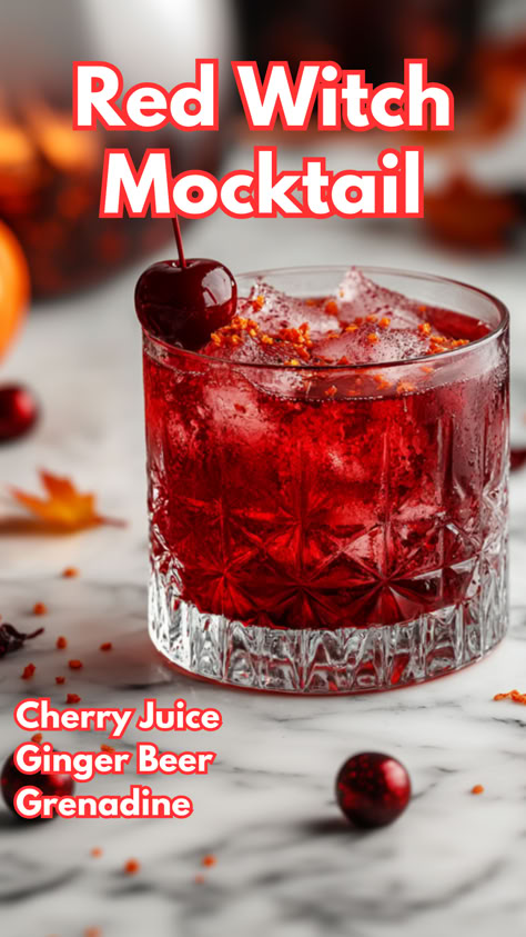 Red Witch Mocktail Jam Mocktails, Alcohol Free Halloween Drinks, Red Cocktails Recipes, Red Mocktails Non Alcoholic, Grenadine Mocktails, Witchy Bar, Red Alcoholic Drinks, Witchy Drinks, Mocktails Non Alcoholic