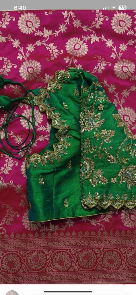 Pink And Green Blouse Work, Green And Pink Pattu Saree, Green Pattu Blouse Maggam Work Designs, Pink Pattu Saree Contrast Blouse, Pink Blouse Work Designs Pattu, Latest Work Blouses For Pattu Sarees, Green Maggam Work Blouses Design, Pattu Sari Blouse Designs Latest, Marriage Blouse Designs