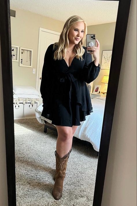 Black Dress With Cowgirl Boots, Black Concert Dress, Dress Western Boots, Black Dress With Boots, Nashville Outfits Fall, Western Wedding Guest Outfit, Amazon Wedding Guest Dress, Country Concert Dress, Dress With Cowgirl Boots