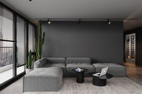 Dark Sofa In Living Room, Grey And Black Walls Living Room, Modern Gray House Interior Design, Industrial Grey Wall, Dark Grey Sofa Living Room Modern, Modern Grey Interior Design, Grey Wall Colors For Living Room, Grey Interior Living Room, Grey Walls Interior