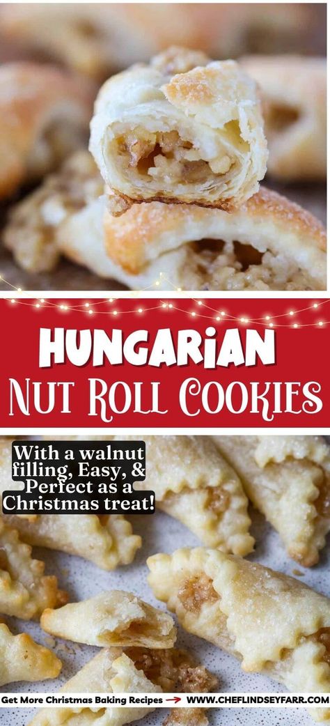 These Hungarian Nut Roll Cookies are a flakey, cream cheese pastry wrapped around a homemade walnut filling. The filling is sweet, crunchy, and caramelized around the edges! Hungarian Nut Roll Recipe, Hungarian Nut Roll, Nut Roll Cookies, Cookies Walnut, Hungarian Cookies, Nut Roll Recipe, Nut Roll, Cream Cheese Pastry, Nut Rolls