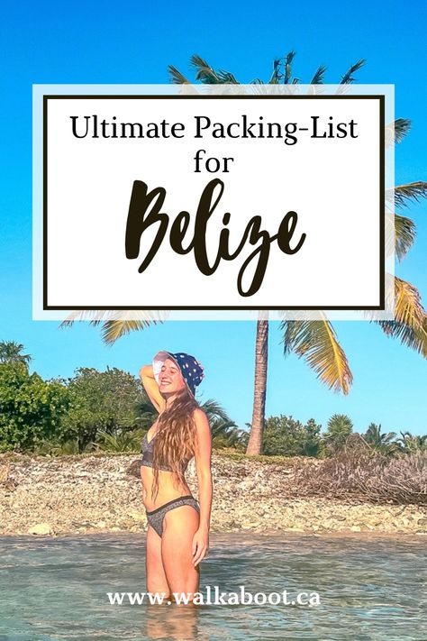 Girl standing in the water with a single palm tree in the back ground. She is holding on to her hat and smiling at the sun in a bikini! The article attached is a packing list for a trip to Belize What To Wear In Belize, What To Pack For Belize Vacation, Belize Packing List, Outfits For Belize, Belize Outfit Ideas, Belize Outfits, Belize Vacation Outfits, Mission Trip Packing, Central America Packing List